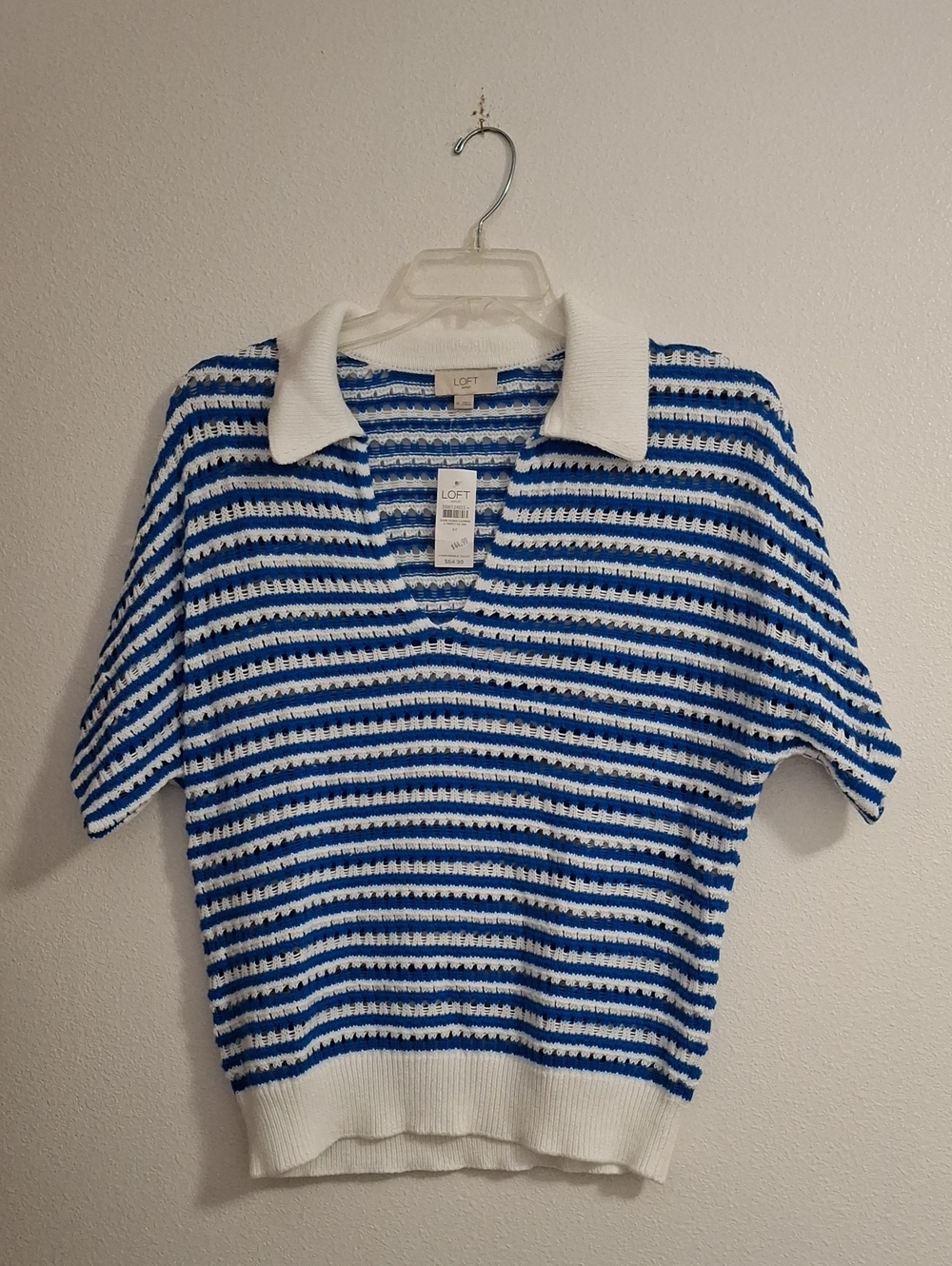 LOFT Blue and White Striped Short-Sleeve Polo Sweater Size Medium NWT